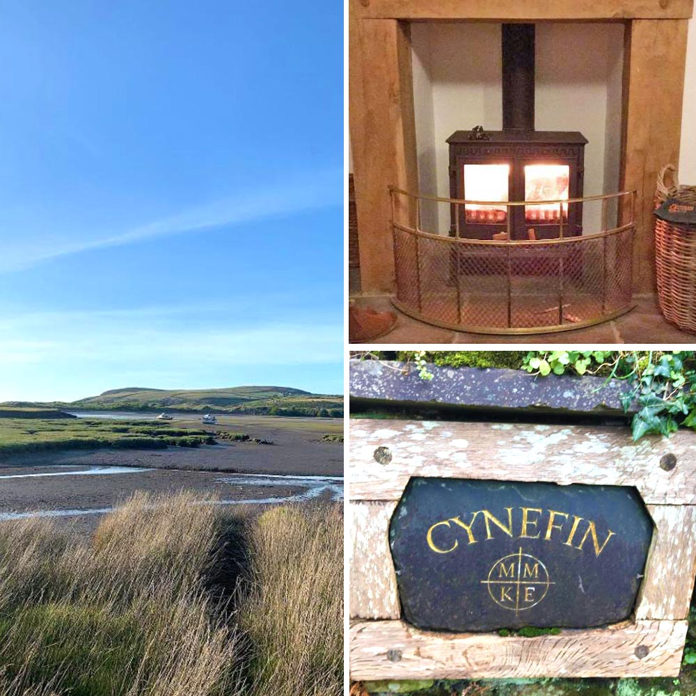 Newport Sands dunes, a wood burner, and the sign for Cynefin