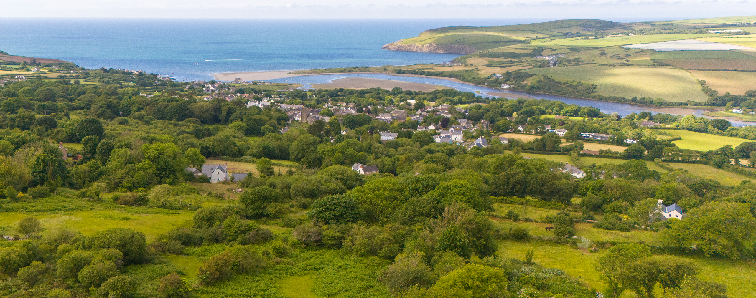 View to Newport Bay from a drone above Penfeidr Newydd holiday cottage